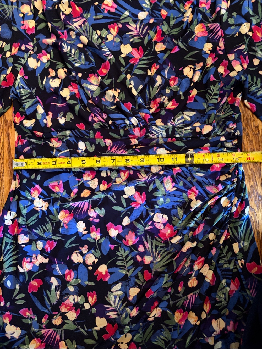 Lauren 12 Floral Wrap-Style Womens Dress in Navy w/Pink&Green Accents - Picture 5 of 8
